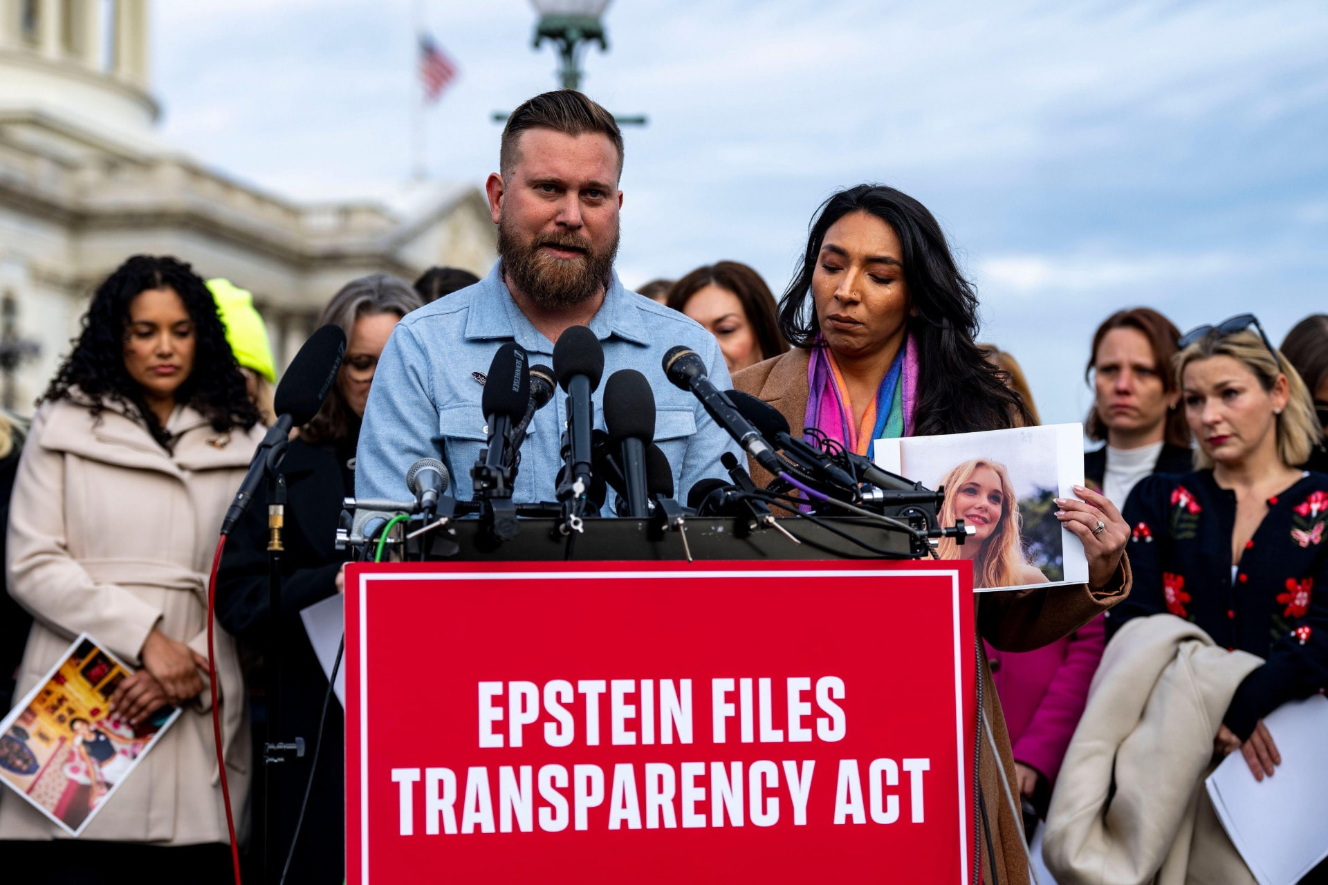 Sky and Amanda Roberts advocating at the Epstein Files Transparency Act press conference