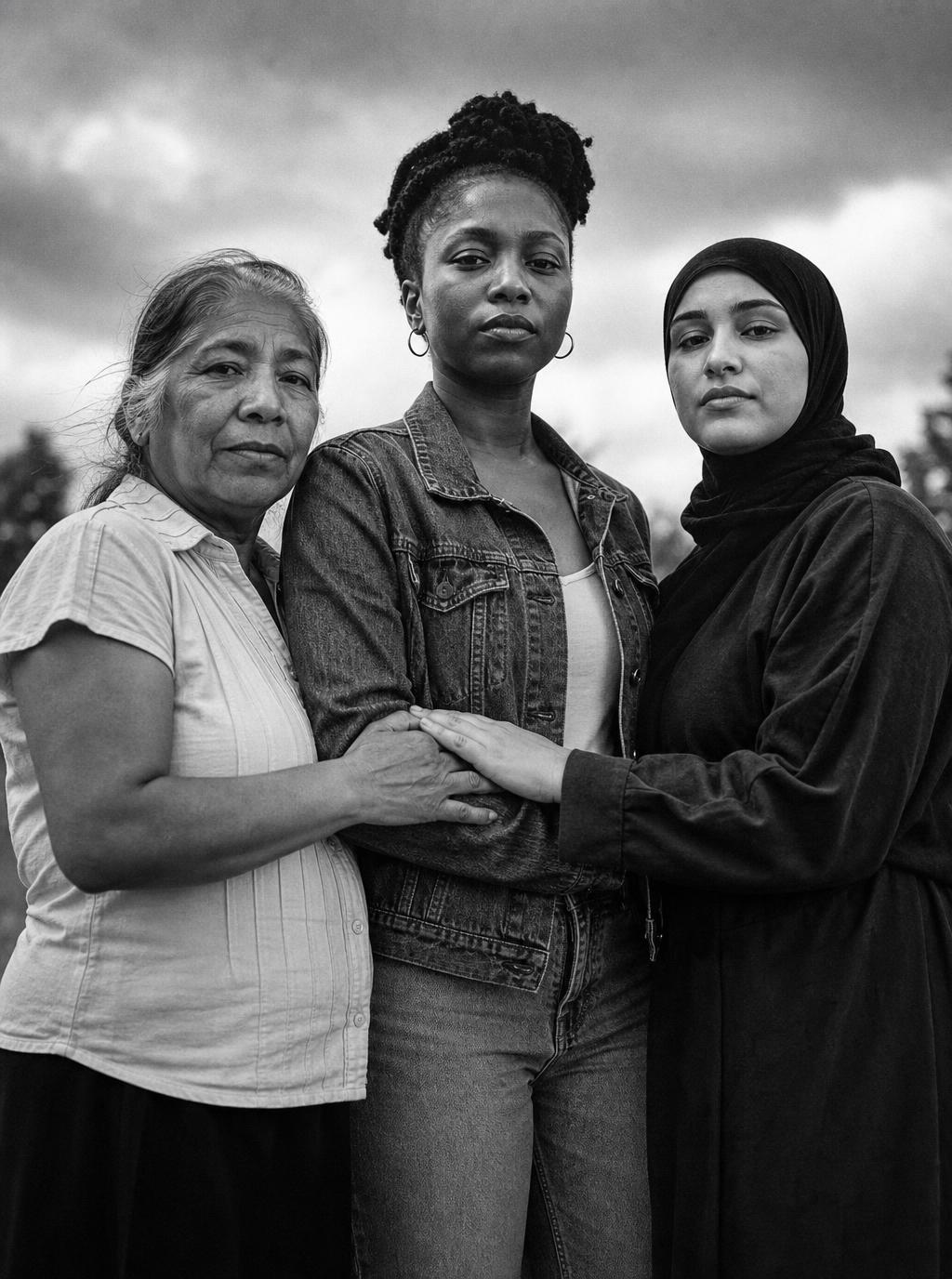 Three women standing together with hands clasped in solidarity